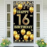 Vicycaty Happy 16th Birthday Decorations for Him Her, 16th Birthday Party Banner Backdrop Yard Sign Photo Props Door background Decor Supplies for Men Women, Black Gold Theme for Indoor Outdoor