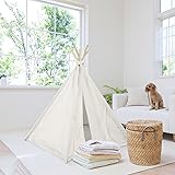 UKadou Pet Teepee Tent for Dogs Cats Foldable Portable Cotton Canvas Pet Bed House for Rabbit Puppy 5 Poles Pine Wooden with Floor White Color 24 Inches