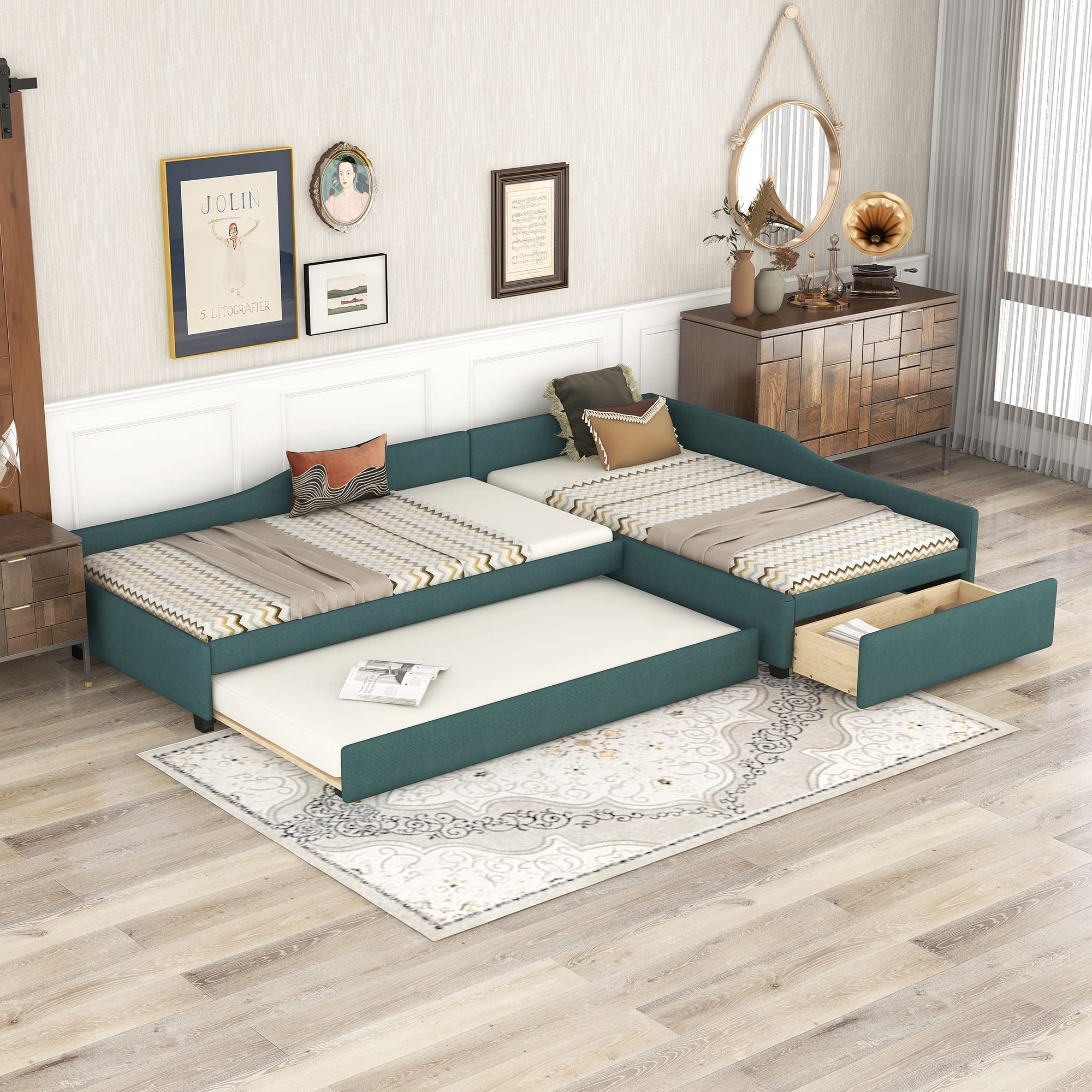 Photo 1 of Double Twin Size Upholstered Daybed with Trundle and Storage Drawer, Green Wood Bed Frame for Teens