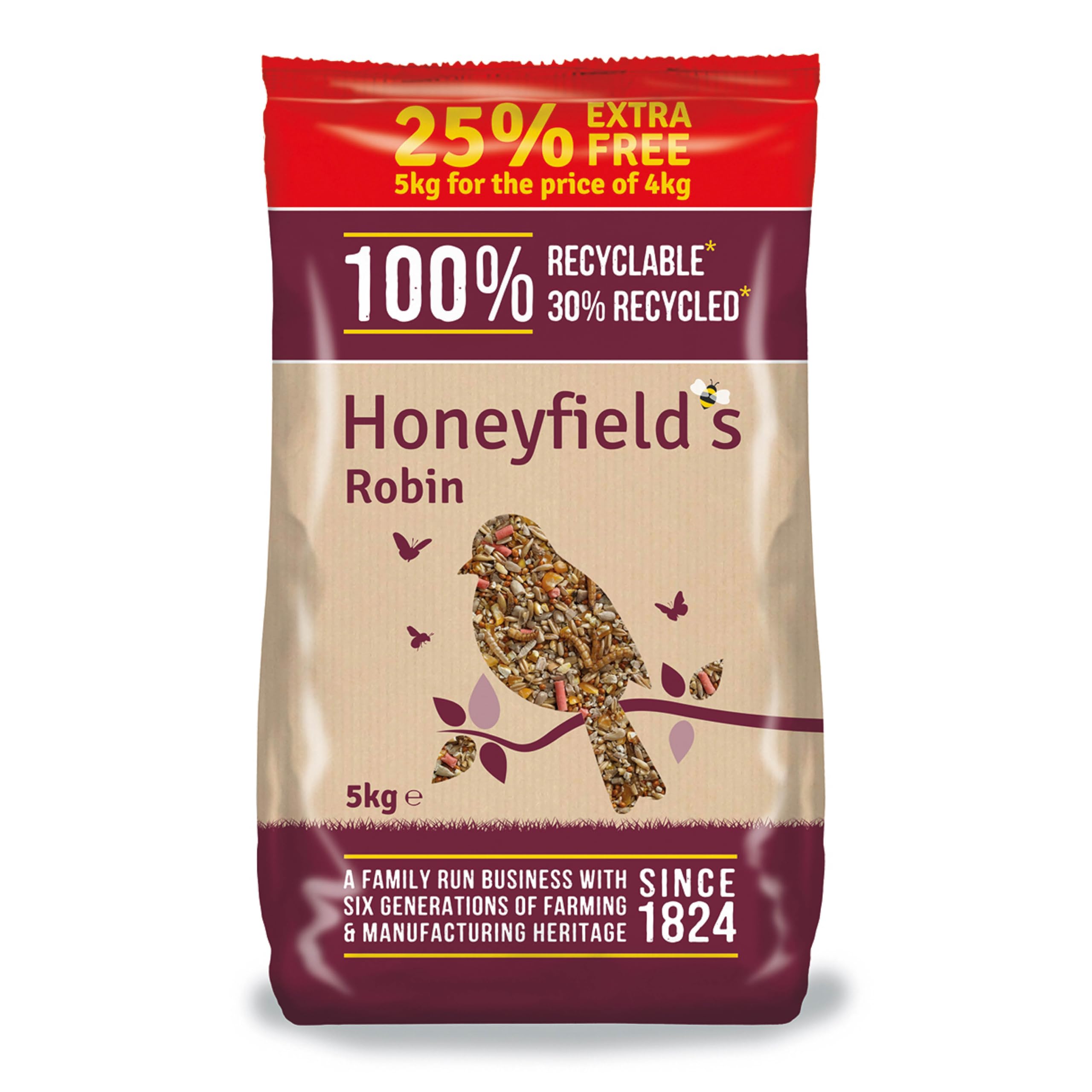 Wild Bird Food for Small Birds - Robin Food Mix, Kibbled Sunflower Hearts and Mealworms, High in Energy and Protein, Great for Hanging Feeders, Bird Tables, and Ground Feeding (5kg) - Honeyfield’s