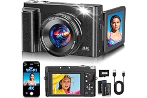2026 Upgraded 4K Digital Camera 64MP WiFi 180° Flip Screen Autofocus, Black | Compact with 16X Zoom Anti-Shake Webcam Filters Scene Modes, Travel Vlogging for YouTube Photography, 32GB Card, 2 Batteries