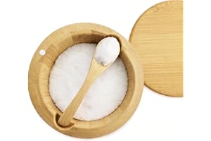 Salt Box with Lid and Spoon Bamboo Container Kitchen Spice Cellars with Swivel Lid Built in Spoon Salt Holder for Storage Sea