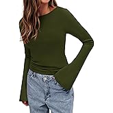 BTFBM Long Sleeve Shirts for Women 2026 Spring Y2K Clothes Casual Boat Neck Bell Sleeve Fitted Fall Going Out Tops