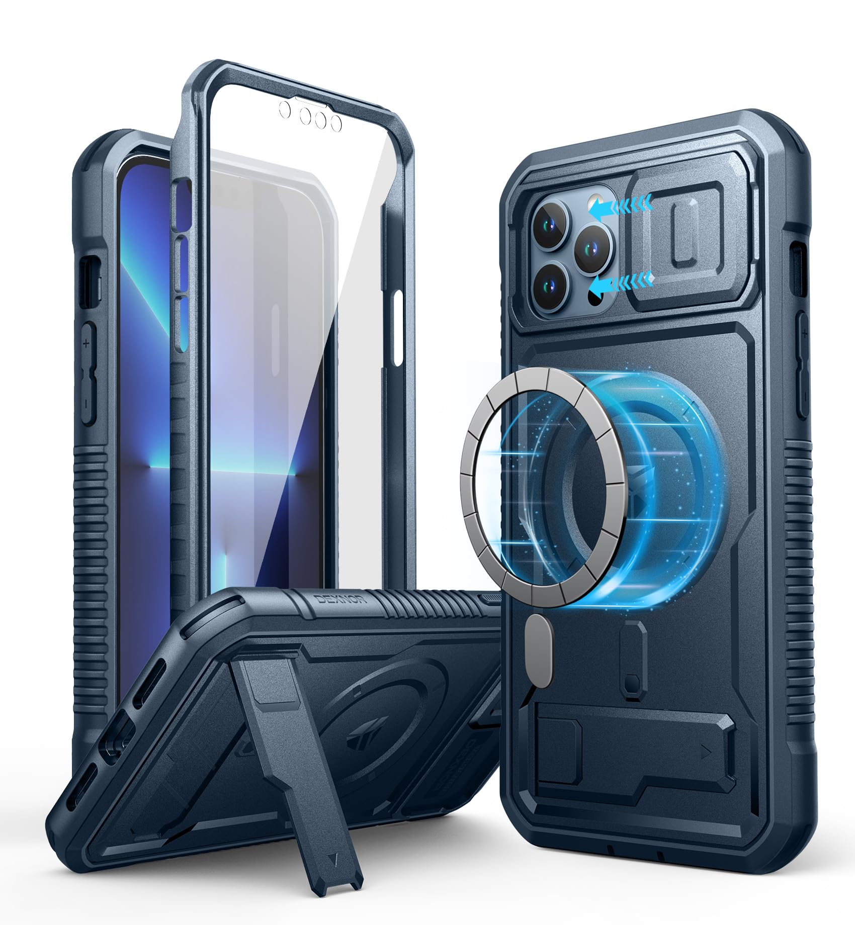 Dexnor Magnetic Bumper Case for iPhone 13 Pro Max, MagSafe Comapitble, Heavy-duty Shockproof Full-body Rugged Protective Cover with Kickstand & Camera Cover & Screen Protector - Navy Blue