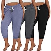 Neer 3 Pack Women's Plus Size Capris, Cotton Lounge Capri Pants Cropped Casual Sweatpants Drawstring Pants with Pockets