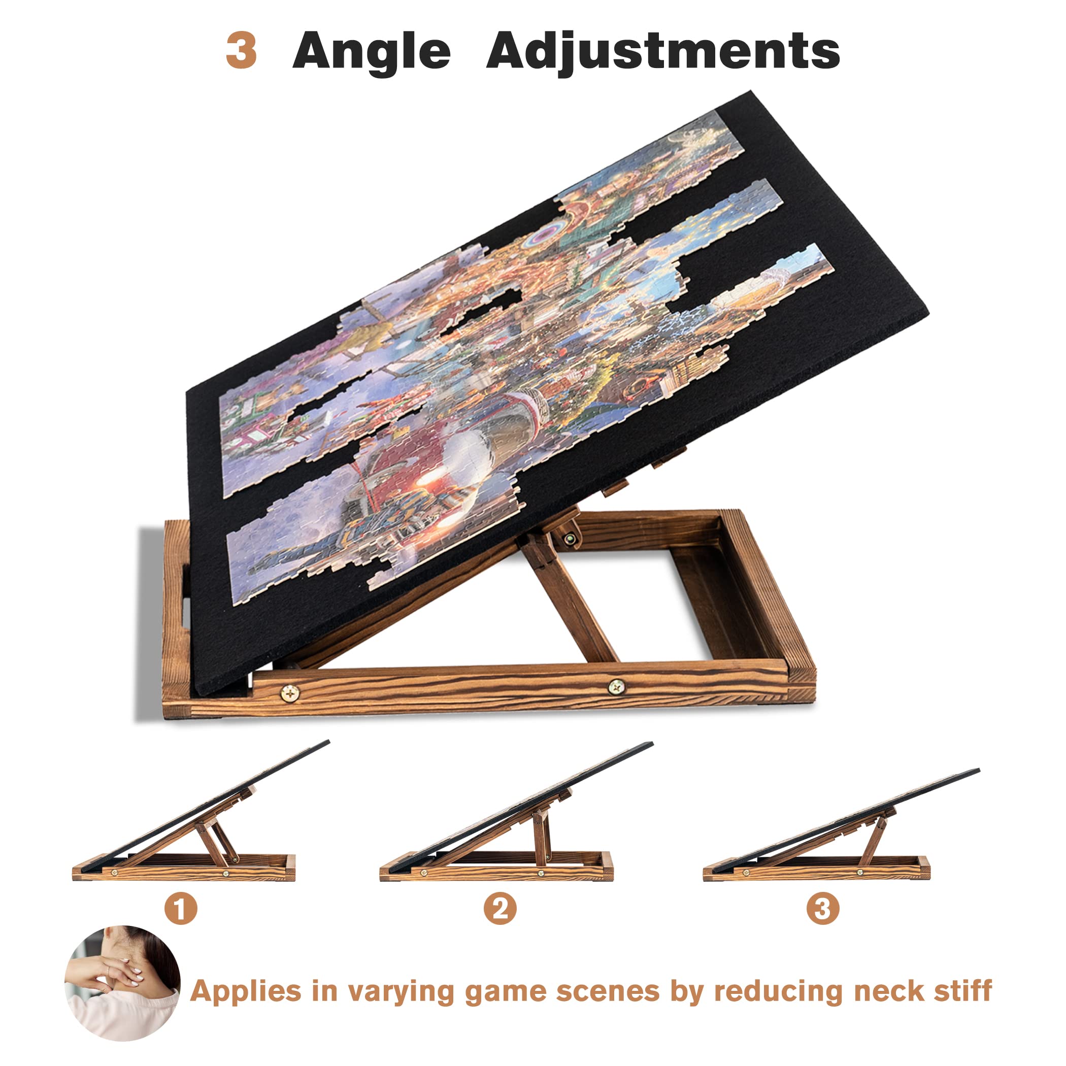 Tektalk Foldable Jigsaw Puzzle Board with 3 Angle Adjustable Bracket/Stand, Lightweight Portable Puzzle Mat Plateau with Wooden Easel, Foldaway Felt Puzzle Table, for Up to 1000 Pieces - Black