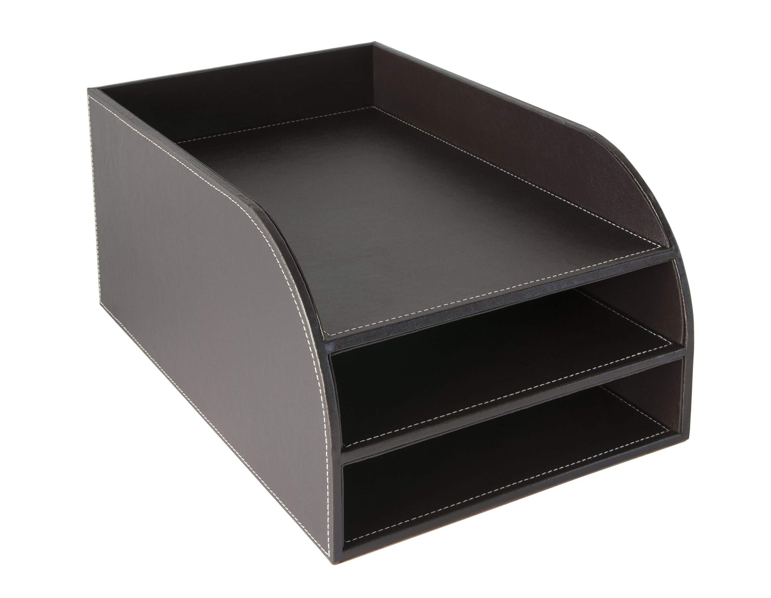OSCO Brown Faux Leather Three Tier Letter Tray, A4 Desk File Organiser, Paper Storage, Office Document Sorter, Paperwork Filing, Desktop Storage, No Assembly, Home Office, H17.5 x W25 x D37.5 cm