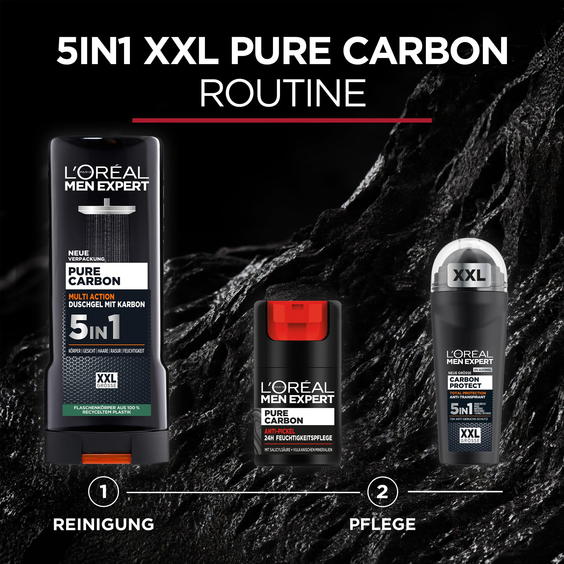 L'Oréal Men Expert XXL 5in1 Duschgel und Shampoo für Männer, Duschbad zur Reinigung von Körper, Haar und Gesicht, Herren Körperpflege für langanhaltende Frische mit Karbon, Pure Carbon, 1 x 400 ml 6