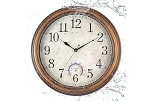 Vigorwise 12 inch Outdoor Wall Clock, Plastic Waterproof Wall Clock with Temperature, Water Resistant Outdoor Clocks for Pati