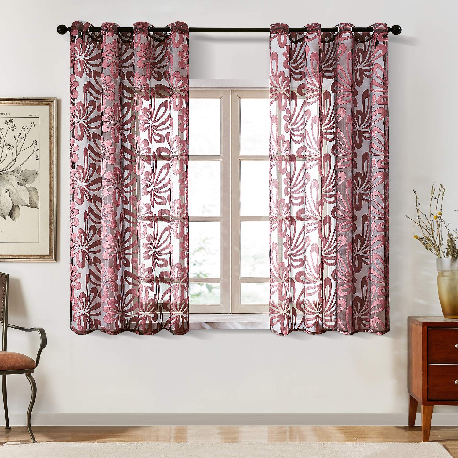 Top Finel Floral Sheer Curtains 54 Inch Length For Living Room Bedroom Grommet Short Window Curtains 2 Panels Burgundy