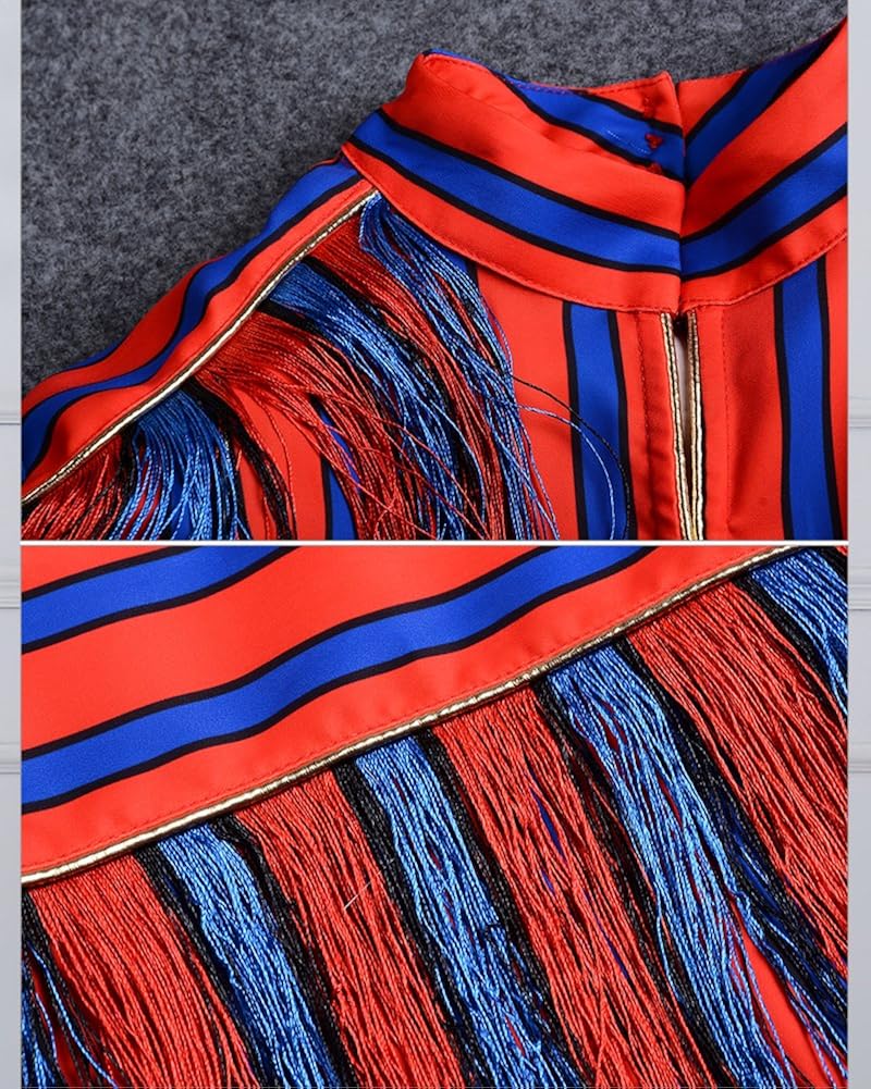 UONBOX Women's Short Sleeves Red and Blue Striped Tassel Fringe Celebrity Dress at  Women’s Clothing store