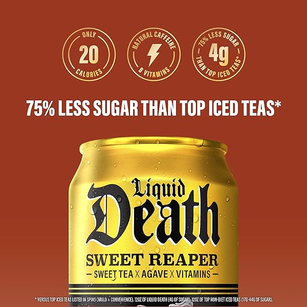 LIQUID DEATH ICED TEA – VARIETY, LESS SUGAR*, BOOST OF CAFFEINE, B VITAMINS, NO ARTIFICIAL SWEETENERS, 4 FLAVORS: TEA/LEMONADE, REST IN PEACH, SWEET REAPER, BLUEBERRY BUZZSAW, 12 FL OZ (PACK OF 12)