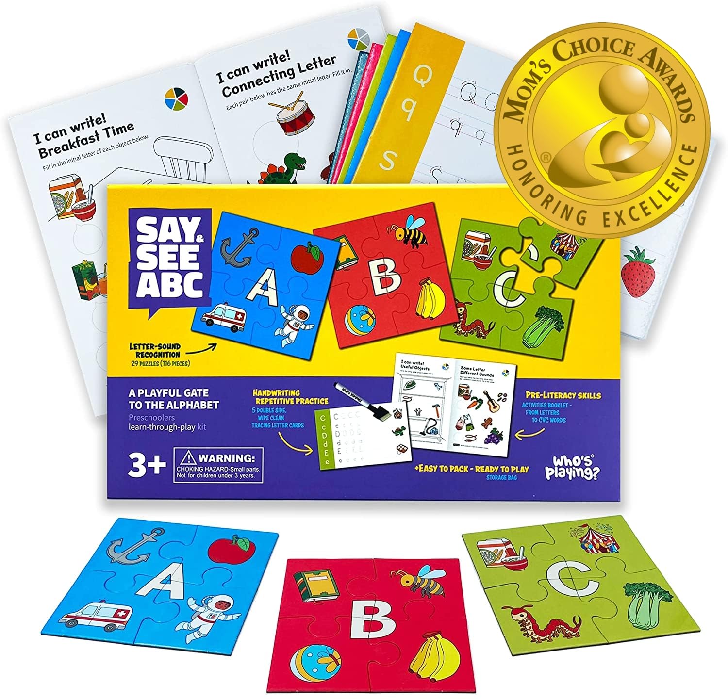 Who's Playing? Say & See ABC Preschool Learning Activities Kit (Mom's Choice Award Winner) Alphabet Puzzles, Tracing Letters, Workbook, Phonics Game for Kids Ages 3-5, Kindergartners, Homeschool