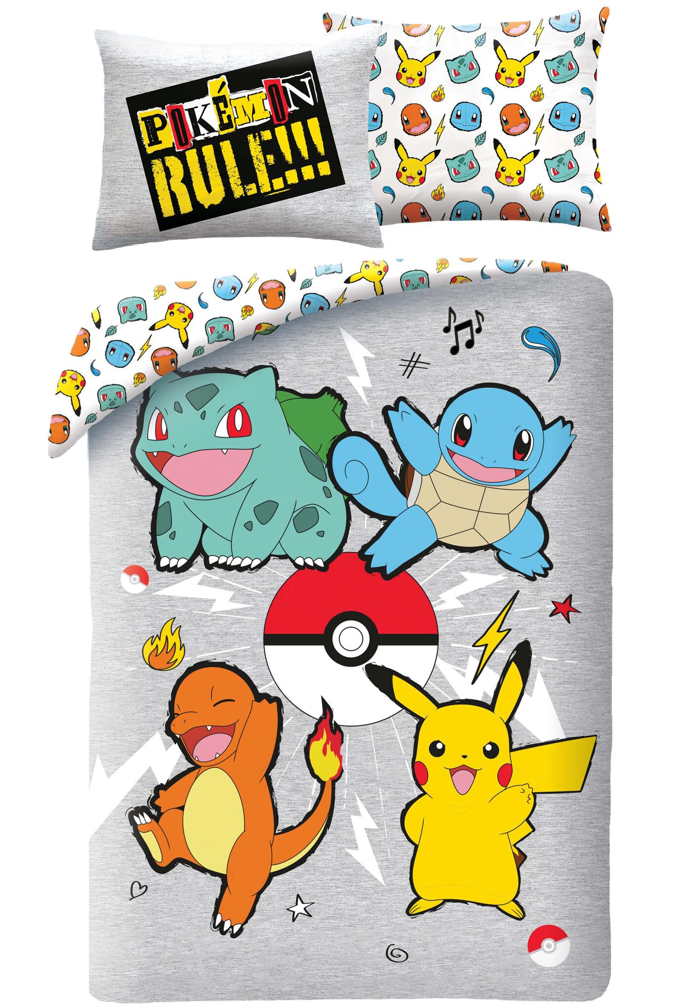 Pokemon Rules Bedding Set, Bed Cover Duvet 140 x 200 cm + Pillowcase, with Pikachu, Bulbasaur, Charmander and Squirtle