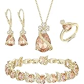 EVER FAITH Wedding Prom Four Clovers Jewelry Set for Women, Teardrop Cubic Zirconia Necklace Hoop Dangle Earrings Bracelet Open Ring Sets Anniversary Birthday Engagement Gift for Friend Lover Wife