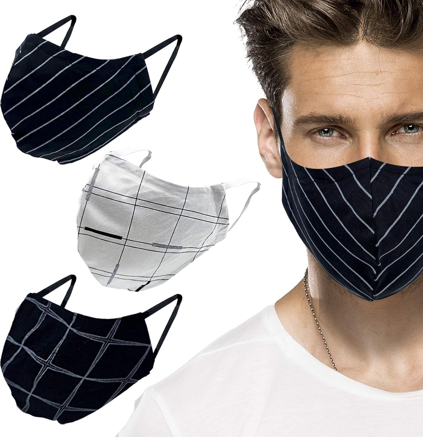 Cloth Face Masks Reusable Washable for Men & Women - Black & White Cotton Face Masks Printed Face Covering with Elastic Straps - Unisex Adult by MADDY - 3 PCS: Clothing