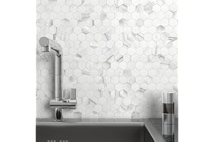 M MOFIT MOFIT Hexagon Peel and Stick Backsplash Tiles Kitchen,Self-Adhesive Metal and Marble Honeycomb Peel and Stick Wall Tiles Sticker Mosaic Heat Resistant(White Silver,10sheets)