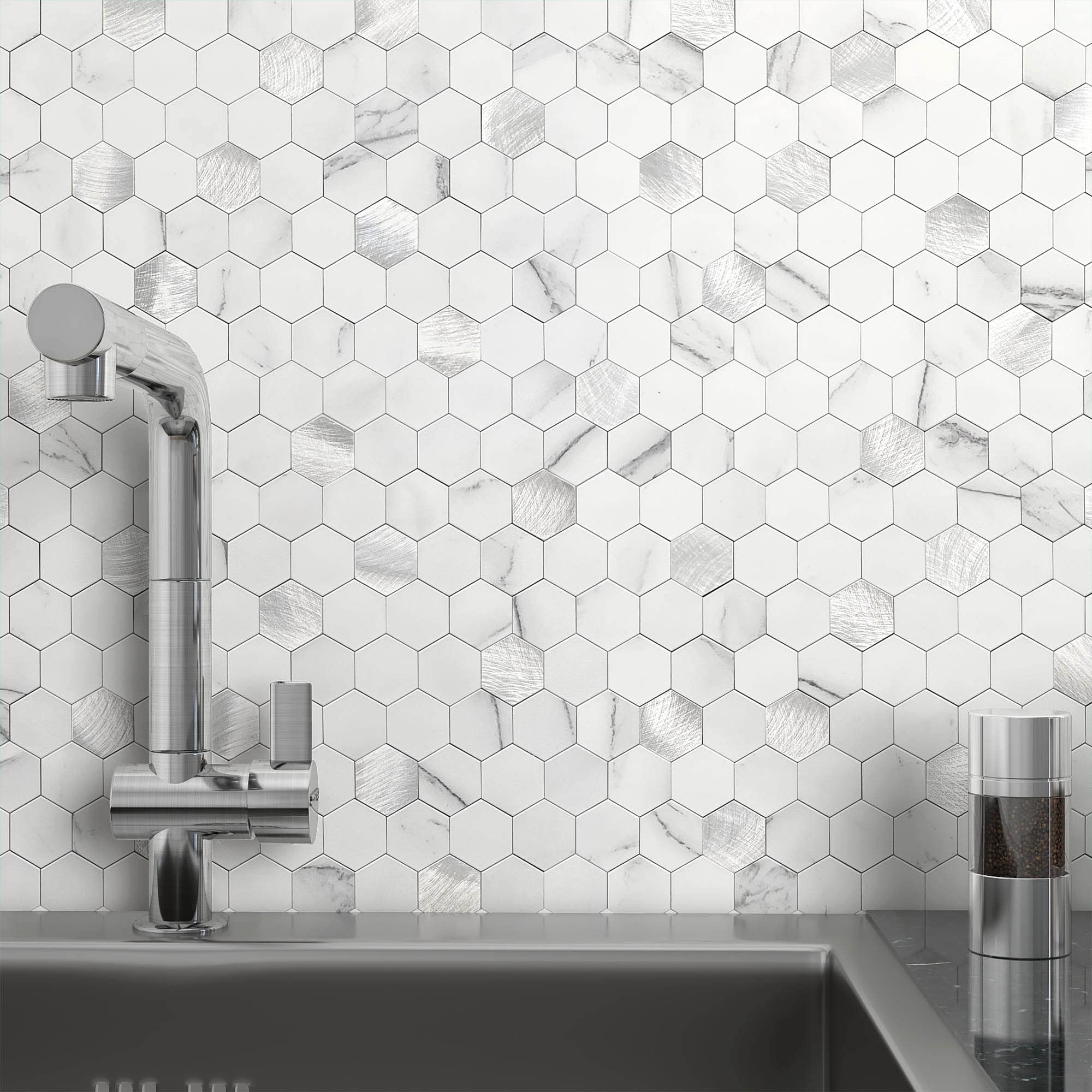 Photo 1 of MOFIT Hexagon Peel and Stick Backsplash Tiles Kitchen,Self-Adhesive Metal and Marble Honeycomb Peel and Stick Wall Tiles Sticker Mosaic Heat Resistant(White Silver,10sheets)