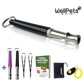WellPets Hundepfeife 3 STK | 7X Bonus: 2 Ersatz-Pfeifen, 2X Band, Klicker, Beutel, Ebook