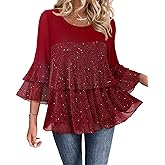 Bebonnie Womens Dressy Sparkly Peplum Tops 3/4 Sleeve Ruffles Elegant Evening Flowy Blouses