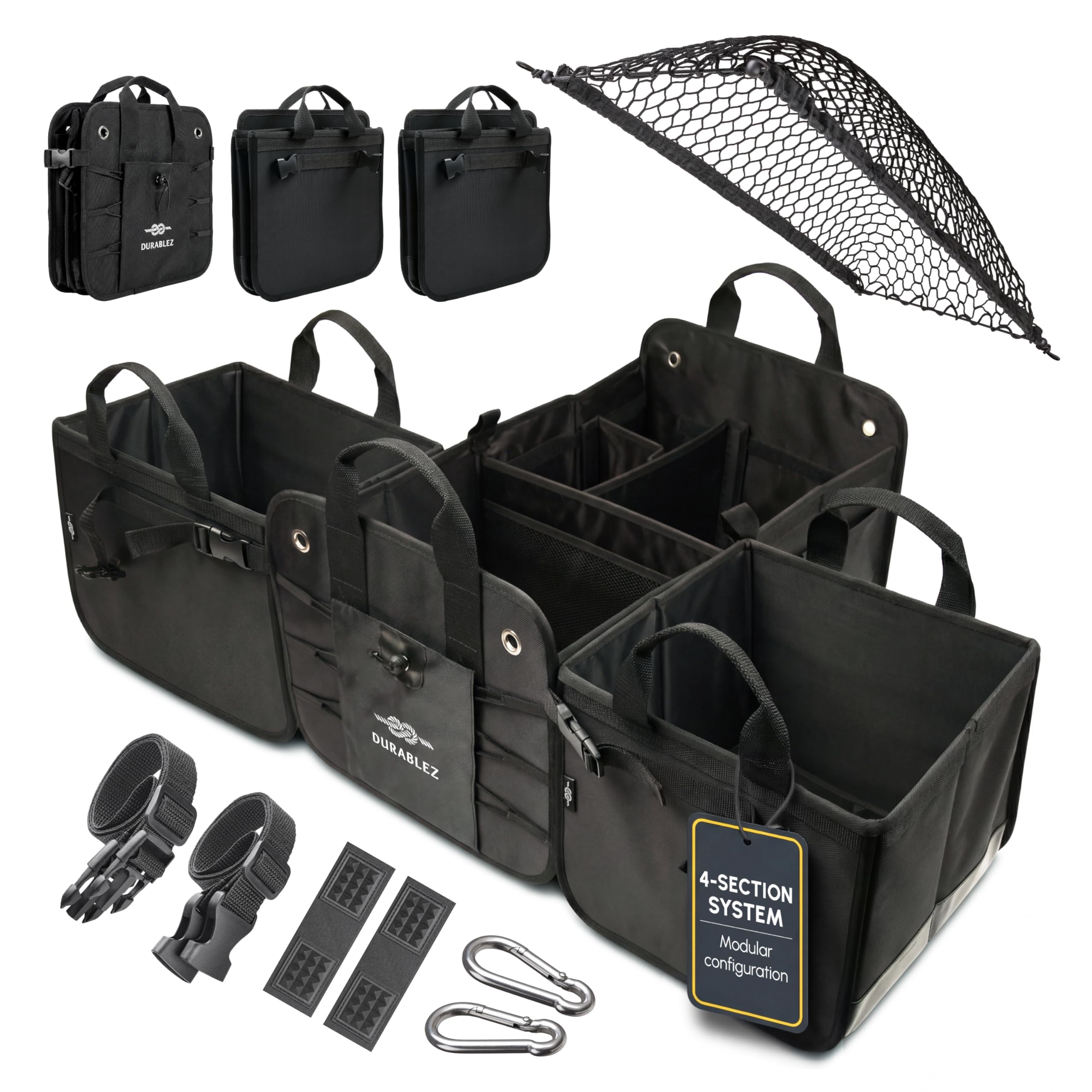Photo 1 of DURABLEZ XL Modular Trunk Organizer System – 4 Section Extra Large Car Cargo Organizer for SUVs, Trucks & Cars – Foldable Multi-Compartment Storage, Heavy Duty 1680D Oxford – Black