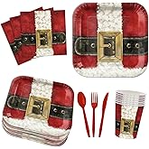 168PCS Christmas Party Supplies Red Santa Belt Party Decorations Winter Santa Claus Suit Paper Plates Napkins Forks for Xmas Holiday Birthday Baby Shower Home New Year Party Decor Serves 24