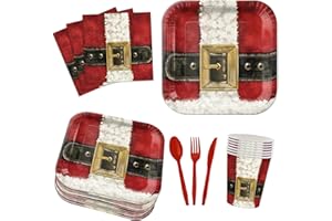 GRABNGOPARTY 168PCS Christmas Party Supplies Red Santa Belt Party Decorations Winter Santa Claus Suit Paper Plates Napkins Forks for Xmas Holiday Birthday Baby Shower Home New Year Party Decor Serves 24