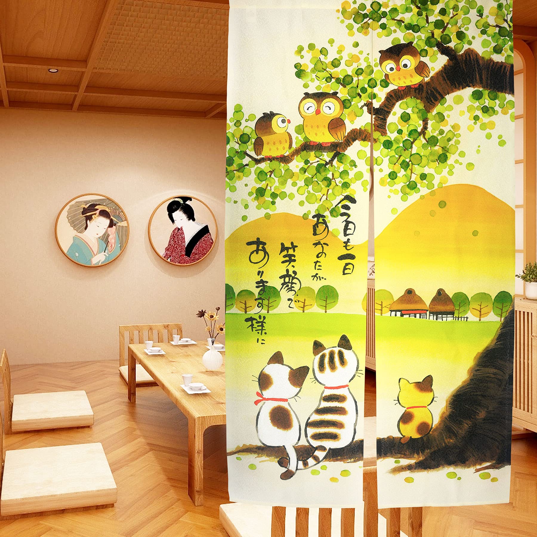 LIGICKY Japanese Style Noren Long Doorway Curtain Door Tapestry for Home Decoration 33.5 x 59 inch (Owls & Cats & Mountain)