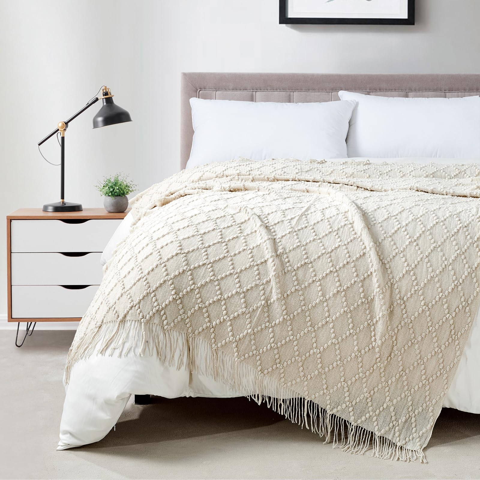 BOURINA Throw Blanket Textured Solid Soft Throws and Blankets for Sofa or Bed Knitted Decorative Blanket 127x178cm Beige