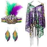 Bcxfbxd Mardi Gras Shawl Scarf Costume Accessories Set for Women: Sequins Cape with Headband and Earrings, Mardi Gras Party Favor, Multicoloured