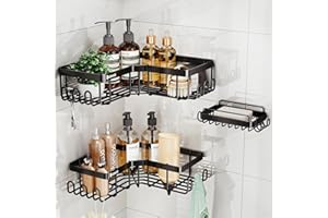 Kitstorack Corner Shower Caddy,Shower Organizer with 16 Hooks & Soap Holder,Stainless Steel Corner Shower Shelves, No Drilling Adhesive Large Shower Storage,3-Pack,Black