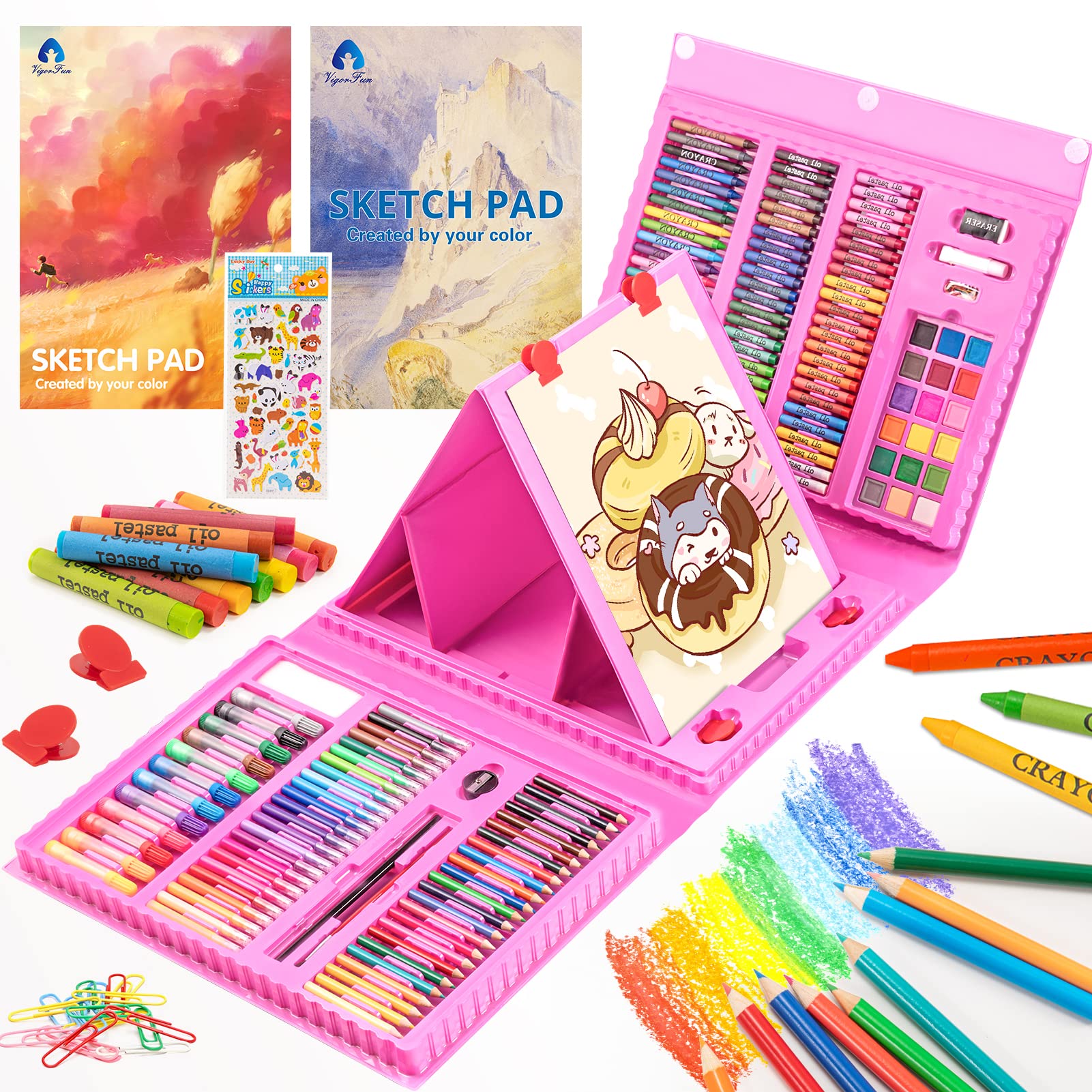 VigorFun Art Supplies, 240-Piece Drawing Art Kit, Gifts for Kids Girls Boys Teens, Art Set Crafts Case with Double Sided Trifold Easel, Includes Sketch Pads, Crayons, Colored Pencils (Pink)