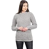 100% Merino Wool Irish Warm Cable Knit Women Crew Neck Fitted Sweater with Pockets in Grey/Natural/Navy Blue