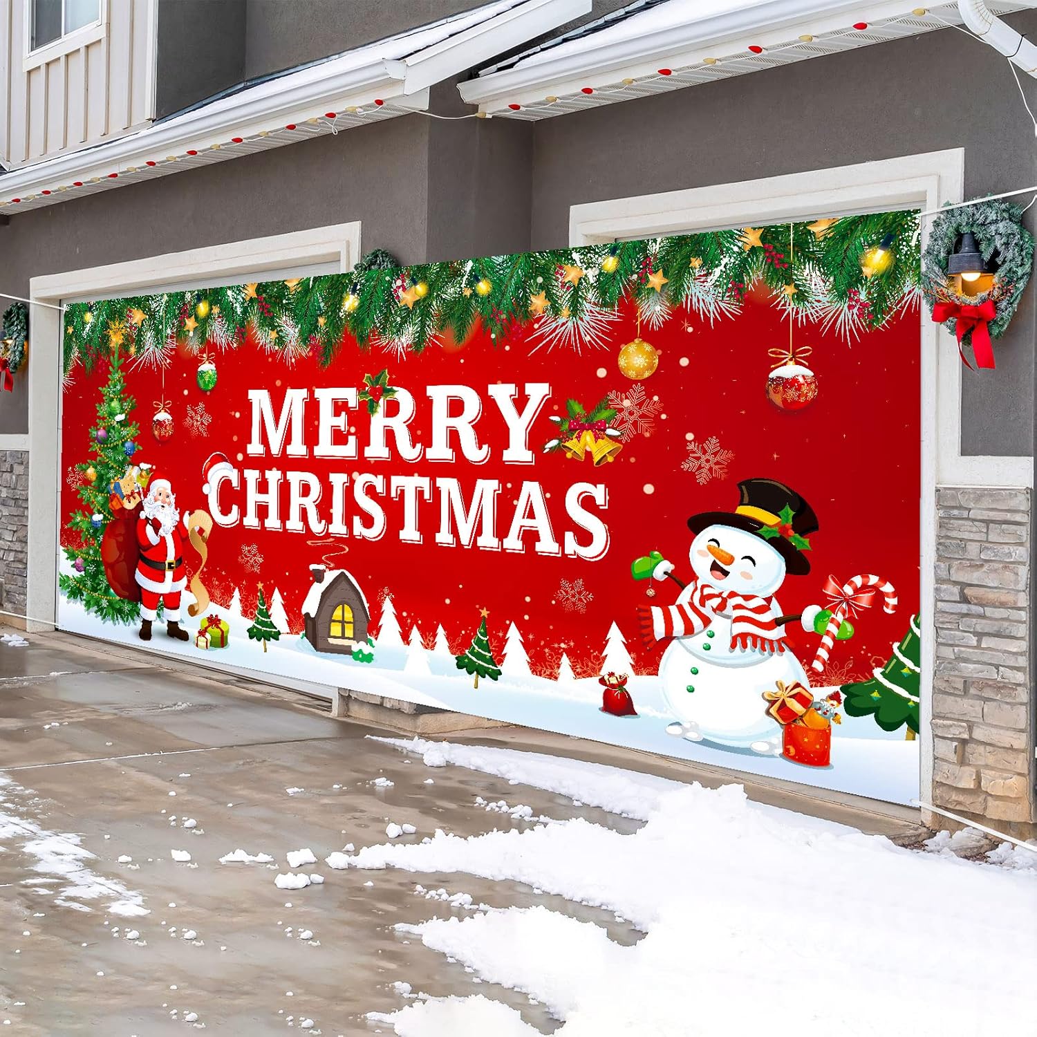 Garage Door Decorations - Outdoor Christmas Holiday Garage Door Banner Cover Large 2022 Christmas Santa Claus Snowman Backdrop Decoration Merry Christmas Garage Door Mural for Xmas Winter Holiday Outdoor Background Sign 6x13ft