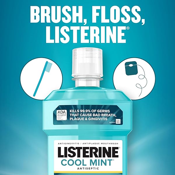 LISTERINE COOL MINT ANTISEPTIC MOUTHWASH, DAILY ORAL RINSE KILLS 99% OF GERMS THAT CAUSE BAD BREATH, PLAQUE AND GINGIVITIS FOR A FRESHER, CLEANER MOUTH, COOL MINT FLAVOR, 1.5 L