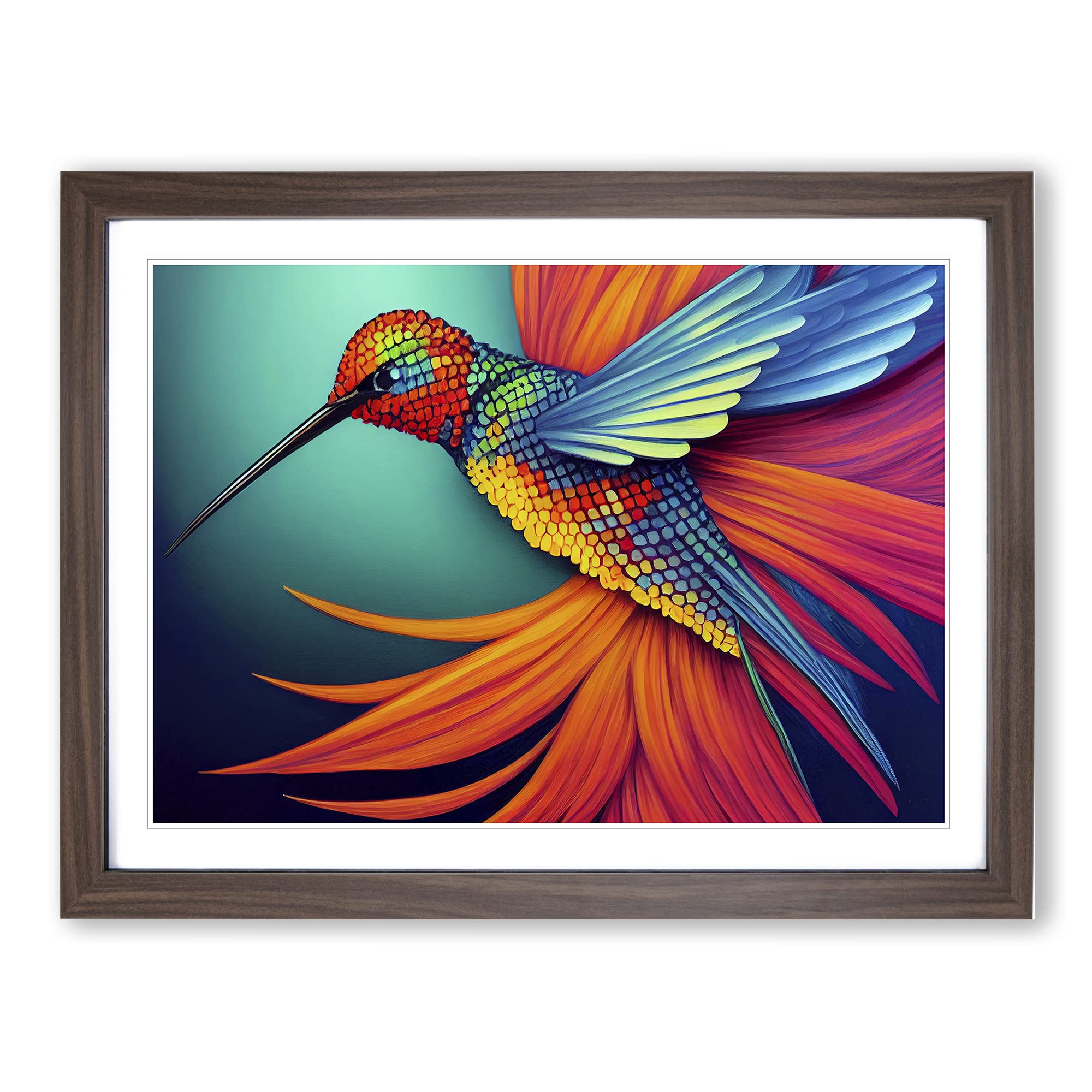 Exotic Hummingbird Abstract Framed Print | A4 Walnut Framed Wall Art | Ready to Hang | Abstract Fantasy Picture | Living Room Bedroom Lounge Office