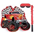 Harrycle 4 Pcs Truck Pinata Party Decoration of Race Car Pattern Small Monster Wheel Pinata with Blindfold for Boy Birthday Mexican Party Decor Carnival Fiesta Game Supplies
