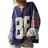 WDIRARA Women's Number Graphic Plaid Patchwork Sweatshirt Jersey Shirts Crewneck Long Sleeve Pullover Oversized Tops