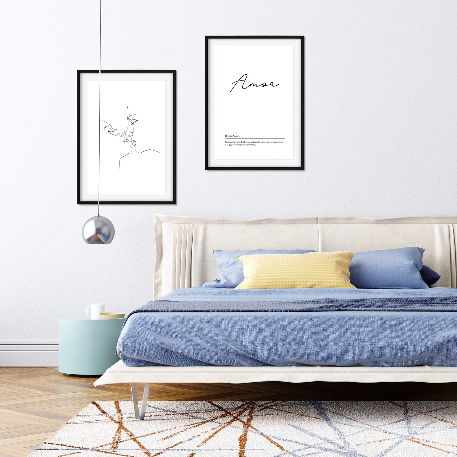 Nacnic Set of 2 lines and words posters Scandinavian style female black and white on A3 size unframed Love Kiss — image 1
