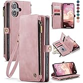 Defencase Compatible with iPhone 17 Case Wallet with RFID Blocking Card Holder for Women and Men, Fashion PU Leather Magnetic Snap Flip Zipper Strap Wallet Phone Case for iPhone 17 6.3", Rose Pink