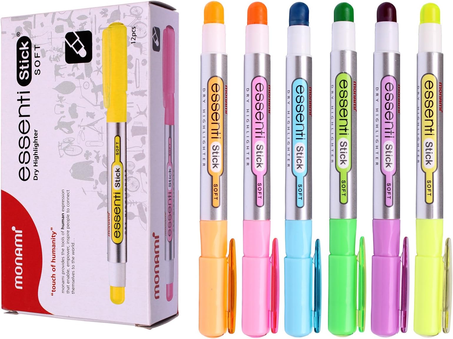 Monami Essenti Stick Soft Pastel Ink Jet Safe Color Dry Highlighter Pen Markers (Pack of 12) (Bundle (6 Color Mix))