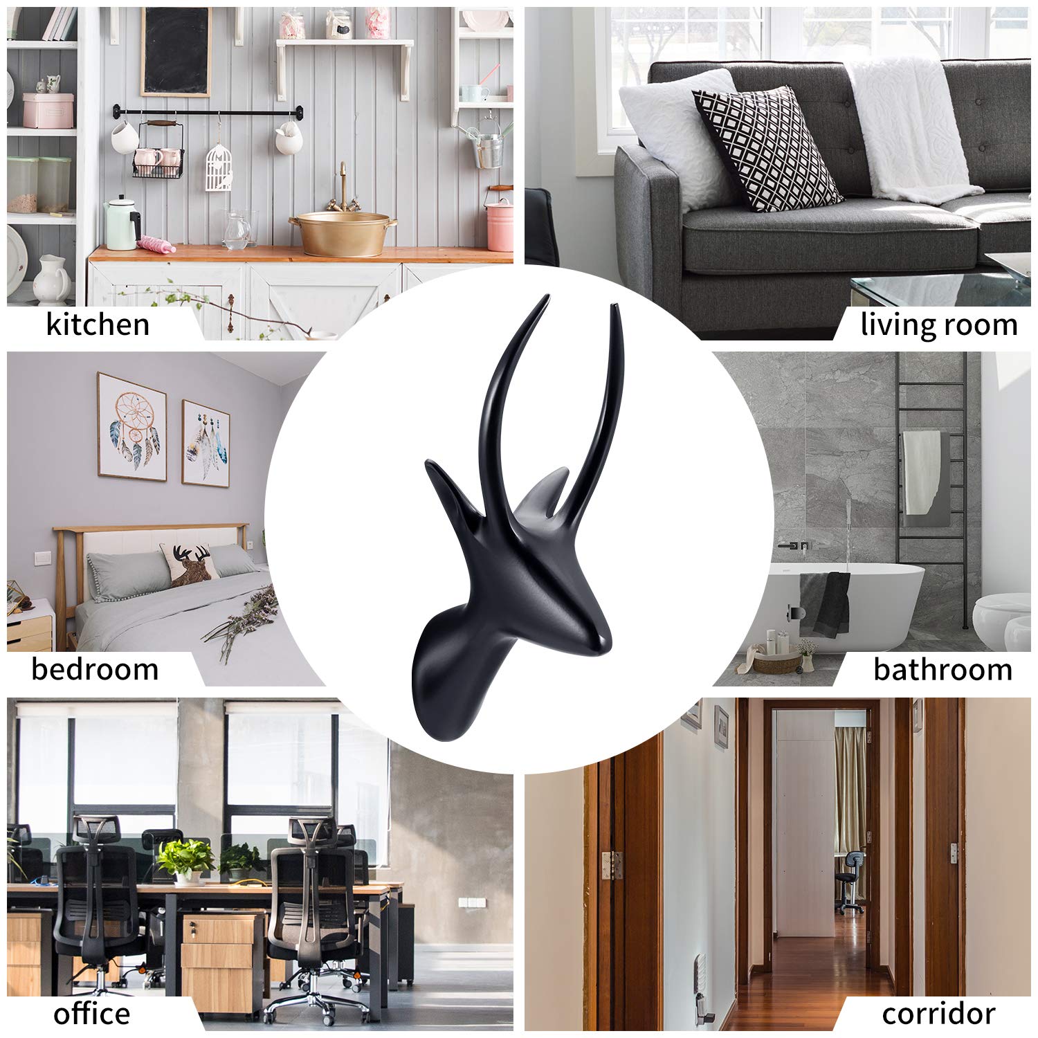 HomGif Wall Hook Deer Decor Robe Towel for Bathroom Kitchen Living Room (Black)