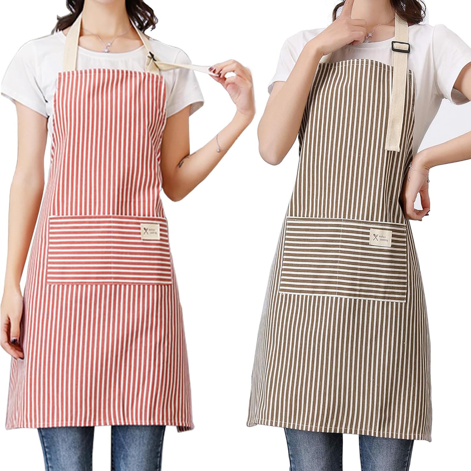 XTAIQD 2 Pack Apron,Unisex Adjustable Bib Apron with 2 Pockets Cooking Kitchen Chef Women Men Aprons for Home Kitchen,Gardening,Restaurant,Coffee House (Pink+Coffee Color)