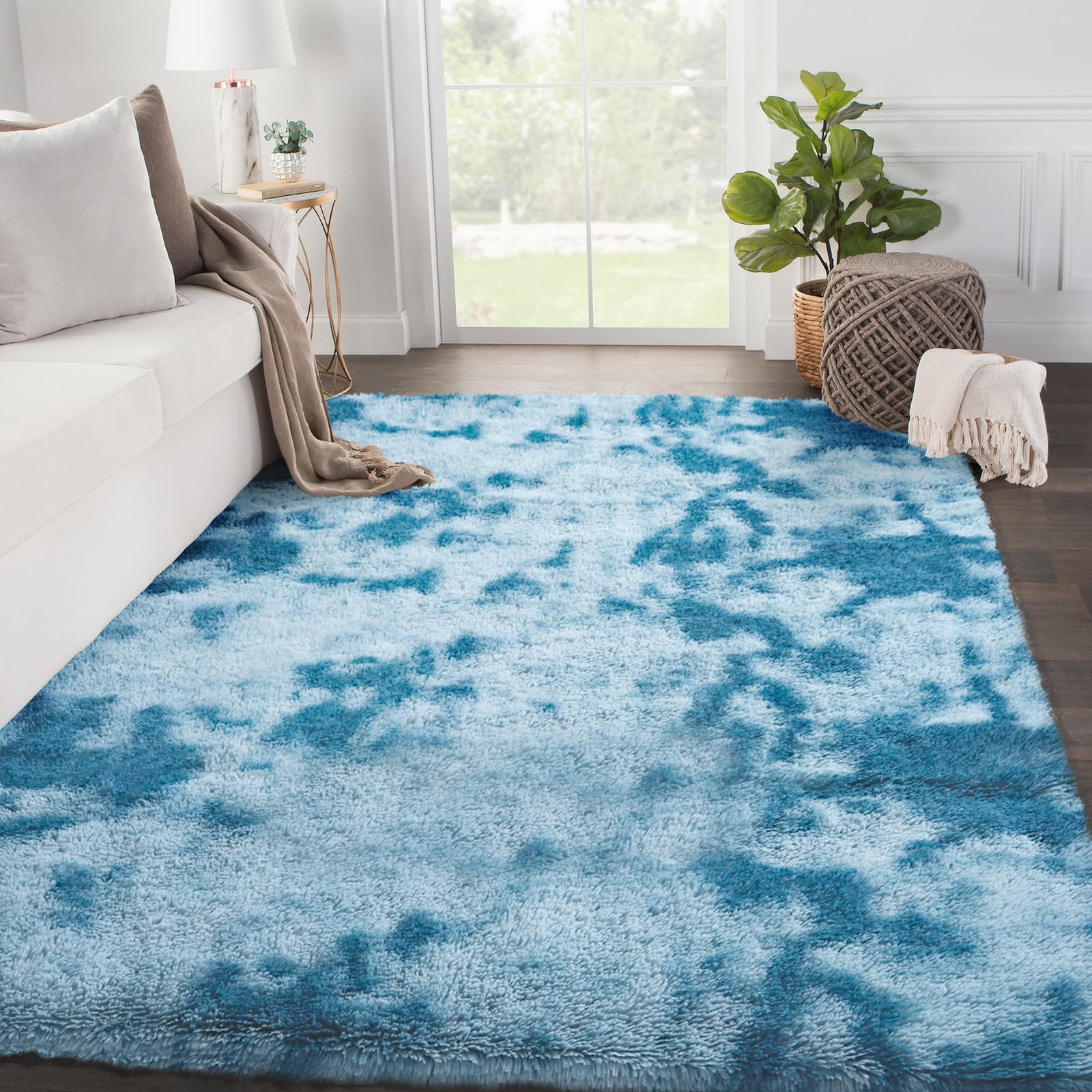 SOANNY Living Room Area Rug, Dark Blue Small Soft Fluffy Tie-Dyed Shag Carpet, Non-Slip Washable Rug for Bedroom, Dorm, Lounge, 90x150 cm — image 1
