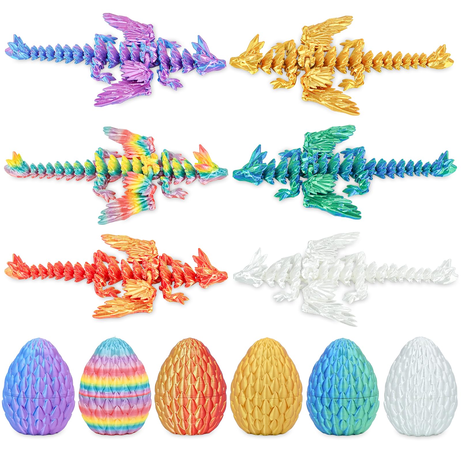 Balkwan Dragon Eggs Gift Set with Surprise Mini Winged Dragon Inside 3D Printed Articulated Crystal Toy Easter Eggs Fun Toy Christmas Basket Stuffers for Kids Boys and Girls (6pcs)