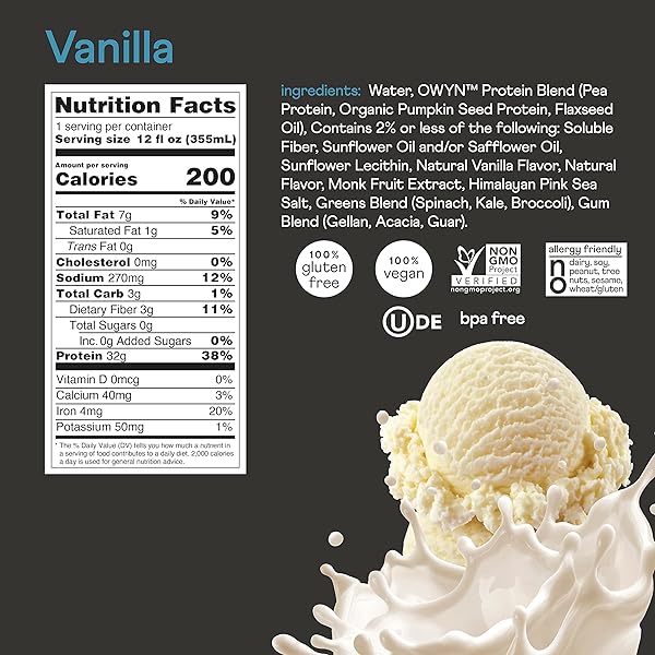 OWYN 100% VEGAN PLANT-BASED PRO ELITE HIGH PROTEIN SHAKES | VANILLA, 12 FL OZ | DAIRY-FREE, GLUTEN-FREE, SOY FREE, KETO FRIENDLY, ZERO SUGAR, VEGETARIAN