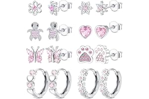 HAIAISO 8 Pairs 925 Sterling Silver Stud Earrings Set Hypoallergenic Pink Heart Cz Earrings Cute Butterfly Flower Dog Paw Turtle Stud Earrings Hoops Earrings For Girls Women