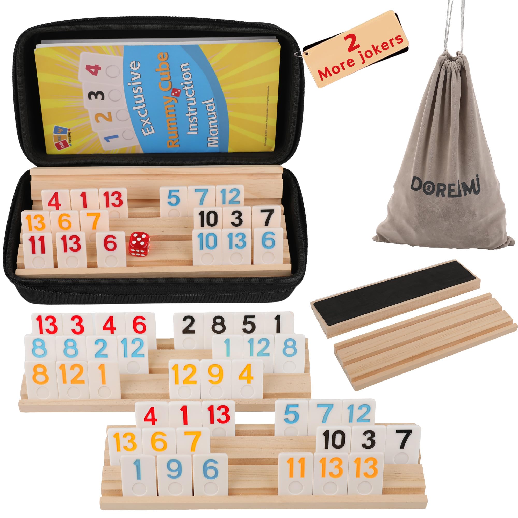Doreimi Non-Transparent Rummy Cube Game Set 4 Players 2026-108 Tiles, 4 Anti-Slip Wooden Racks/Trays, Dual Storage Travel Friendly Board Game for Adults Kids, Gift for Grandparents Family Game Night Image