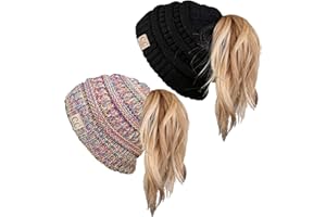 Funky Junque Kid's BeanieTail Children’s Ponytail Messy Bun Beanie Solid Ribbed Hat