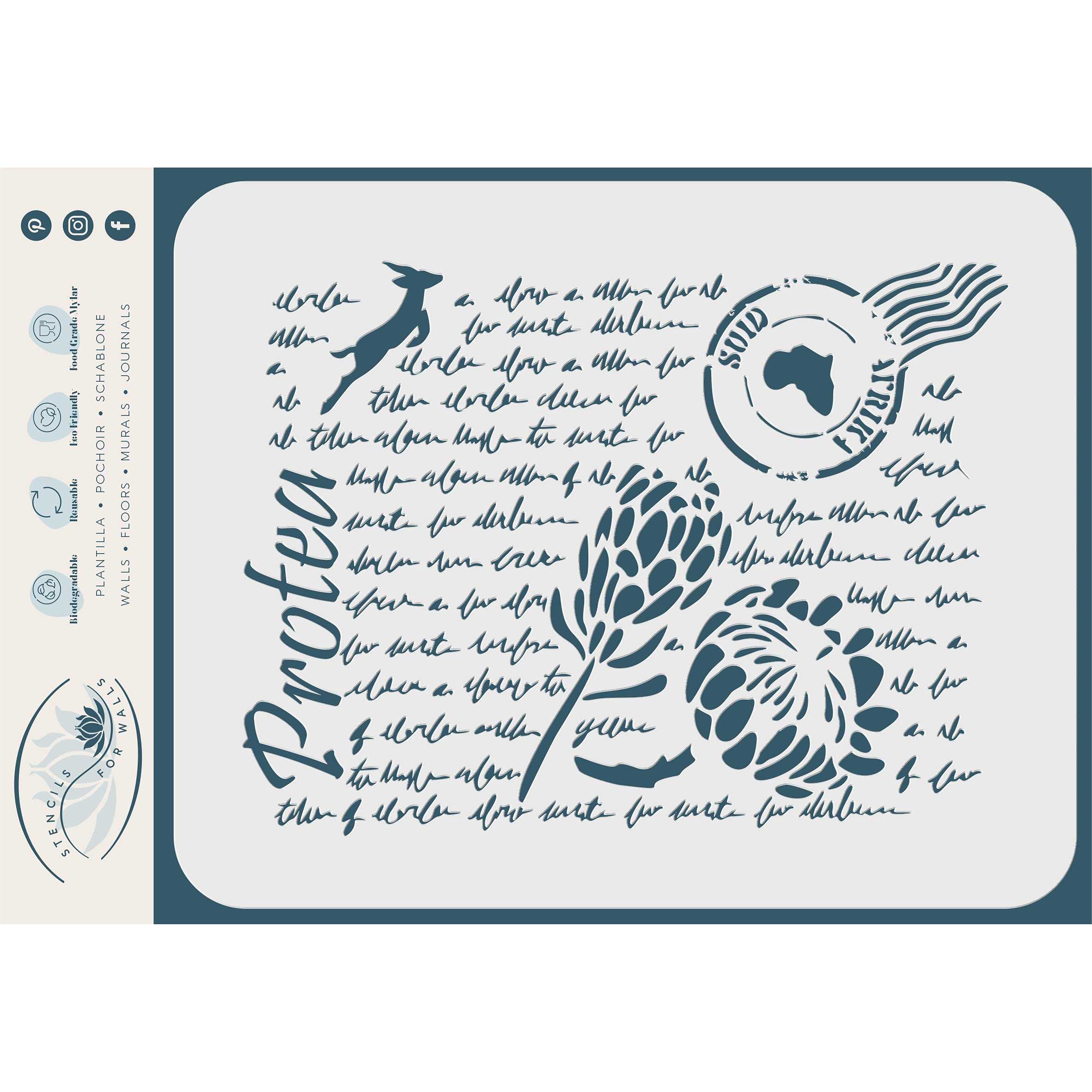 Protea Card, 21.5 x 16.5 cm (M) - Postcard Stamp Protea Flower Springbok Scribbled Quotes Sayings Stencils for Painting Template